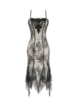 Gothic Two-Tone Lace Patchwork Dress with Floral Embroidery and Asymmetric Hem DW1190