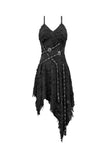 Post-Apocalyptic Black Dress with Shredded Texture and Metallic Buckle Harness DW1191