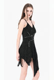 Post-Apocalyptic Black Dress with Shredded Texture and Metallic Buckle Harness DW1191