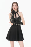 Dark Punk Halter Dress with Metallic Buckles and Front Zipper Detail DW1194