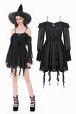 Gothic Black Chiffon Off-the-Shoulder Dress with Crescent Moon Charm and Layered Ruffle Hem DW1200