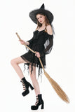 Gothic Black Chiffon Off-the-Shoulder Dress with Crescent Moon Charm and Layered Ruffle Hem DW1200