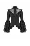 Victorian Gothic Blouse with Ruffled Collar and Layered Lace Bell Sleeves IW147