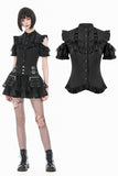 Victorian Gothic Black Blouse with Lace-up Detailing, Ruffled Stand Collar and Smocked Puff Sleeves IW151