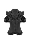 Victorian Gothic Black Blouse with Lace-up Detailing, Ruffled Stand Collar and Smocked Puff Sleeves IW151