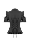 Victorian Gothic Black Blouse with Lace-up Detailing, Ruffled Stand Collar and Smocked Puff Sleeves IW151