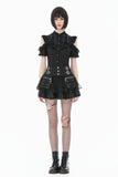 Victorian Gothic Black Blouse with Lace-up Detailing, Ruffled Stand Collar and Smocked Puff Sleeves IW151