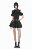 Victorian Gothic Black Blouse with Lace-up Detailing, Ruffled Stand Collar and Smocked Puff Sleeves IW151