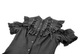 Victorian Gothic Black Blouse with Lace-up Detailing, Ruffled Stand Collar and Smocked Puff Sleeves IW151