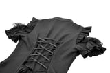 Victorian Gothic Black Blouse with Lace-up Detailing, Ruffled Stand Collar and Smocked Puff Sleeves IW151