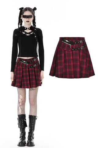 Punk red plaid pleated skirt KW277