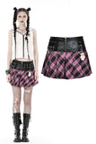 Punk metal PU pink plaid bear mini skirt  KW286