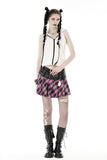Punk metal PU pink plaid bear mini skirt  KW286