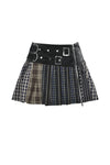 Colorful Plaid Patchwork Leather-Waist Skirt KW380