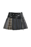 Colorful Plaid Patchwork Leather-Waist Skirt KW380