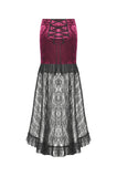 High-Low Gothic Skirt in Glossy Velvet with Floral Lace Trim KW397