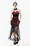 High-Low Gothic Skirt in Glossy Velvet with Floral Lace Trim KW397
