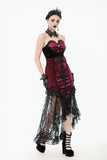 High-Low Gothic Skirt in Glossy Velvet with Floral Lace Trim KW397