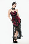 High-Low Gothic Skirt in Glossy Velvet with Floral Lace Trim KW397