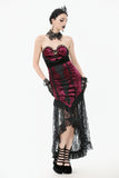 High-Low Gothic Skirt in Glossy Velvet with Floral Lace Trim KW397