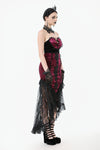 High-Low Gothic Skirt in Glossy Velvet with Floral Lace Trim KW397