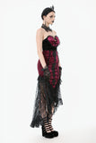 High-Low Gothic Skirt in Glossy Velvet with Floral Lace Trim KW397