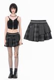 Plaid Rebellion - Dark Punk Asymmetric Tiered Pleated Patchwork Studded Skirt KW445
