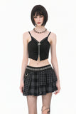 Plaid Rebellion - Dark Punk Asymmetric Tiered Pleated Patchwork Studded Skirt KW445