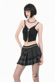 Plaid Rebellion - Dark Punk Asymmetric Tiered Pleated Patchwork Studded Skirt KW445