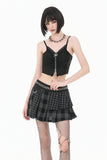 Plaid Rebellion - Dark Punk Asymmetric Tiered Pleated Patchwork Studded Skirt KW445