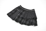 Plaid Rebellion - Dark Punk Asymmetric Tiered Pleated Patchwork Studded Skirt KW445