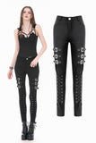Dark Punk Skinny Pants with Metallic Buckle Straps and Eyelet Lace-up Calves PW156