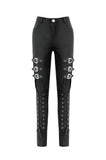 Dark Punk Skinny Pants with Metallic Buckle Straps and Eyelet Lace-up Calves PW156