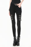 Dark Punk Skinny Pants with Metallic Buckle Straps and Eyelet Lace-up Calves PW156