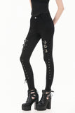 Dark Punk Skinny Pants with Metallic Buckle Straps and Eyelet Lace-up Calves PW156