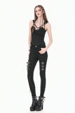 Dark Punk Skinny Pants with Metallic Buckle Straps and Eyelet Lace-up Calves PW156