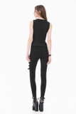 Dark Punk Skinny Pants with Metallic Buckle Straps and Eyelet Lace-up Calves PW156