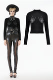 Punk Skeleton Hand Leather Appliqué Embroidered Mock Neck Tee TW661