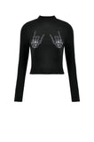 Punk Skeleton Hand Leather Appliqué Embroidered Mock Neck Tee TW661