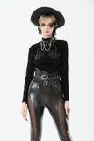 Punk Skeleton Hand Leather Appliqué Embroidered Mock Neck Tee TW661