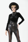 Punk Skeleton Hand Leather Appliqué Embroidered Mock Neck Tee TW661