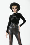 Punk Skeleton Hand Leather Appliqué Embroidered Mock Neck Tee TW661
