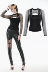 Punk Knitted Top with Mesh Overlay and Shoulder Buckle Details TW665
