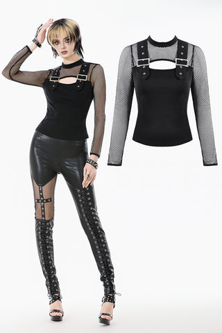 Punk Knitted Top with Mesh Overlay and Shoulder Buckle Details TW665