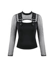 Punk Knitted Top with Mesh Overlay and Shoulder Buckle Details TW665