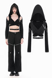 Punk Dark-Wear Hooded Crop Top with Cold-Shoulde and Metallic Pin-Chain Accents TW687