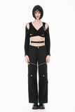 Punk Dark-Wear Hooded Crop Top with Cold-Shoulde and Metallic Pin-Chain Accents TW687