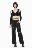 Punk Dark-Wear Hooded Crop Top with Cold-Shoulde and Metallic Pin-Chain Accents TW687