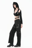 Punk Dark-Wear Hooded Crop Top with Cold-Shoulde and Metallic Pin-Chain Accents TW687