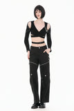 Punk Dark-Wear Hooded Crop Top with Cold-Shoulde and Metallic Pin-Chain Accents TW687